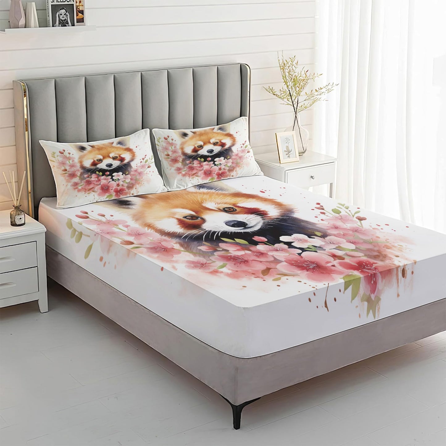 MPNVYU Red Panda Sheets Queen Sheet Set, Floral Bed Sheets, Cute Animal Bedding Bedroom Decor, Soft Microfiber Deep Pocket Fitted Sheet & Flat Sheet & 2 Pillowcases