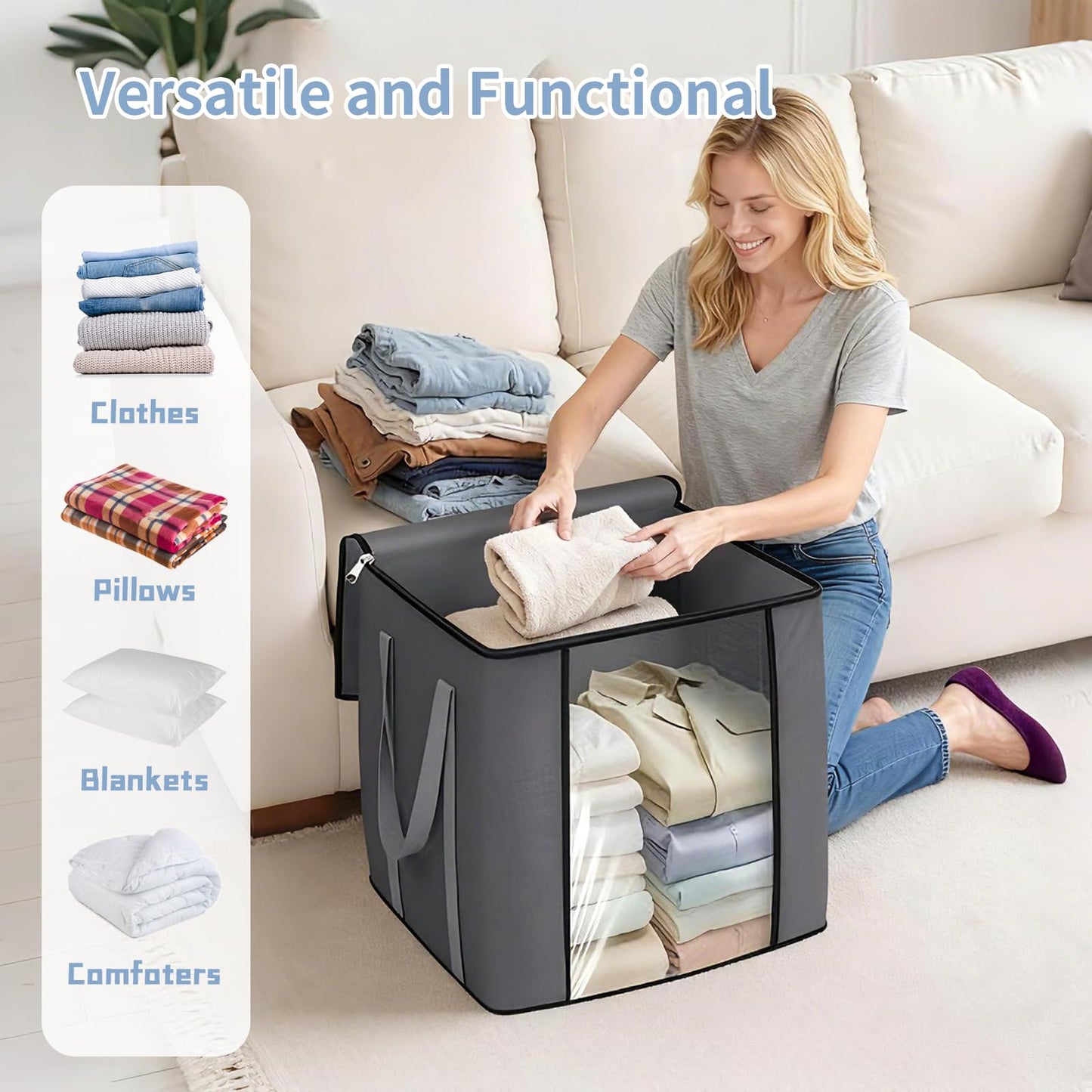 120L Extra Large Clothes Storage Bags, 3 Pack Blanket & Clothing Storage Bins, Foldable Closet Organizers with Clear Window and Reinforced Handles for Clothing, Blankets, Bed Sheets and Pillows