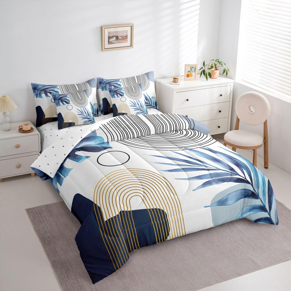 Erosebridal Blue Gold Boho Mid Century Full 7 Pcs Bedding Set, Abstract Minimalist Comforter Set with Sheets, Modern Geometric Simple Arch Bed in A Bag, Tropical Plant Palm Leaf Aesthetic Bed Sets