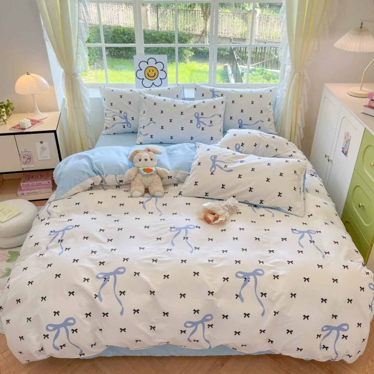 Sedefen Blue Bow Duvet Cover Queen Size Black Bowknot on White Duvet Cover 3 Pieces Kids Boys Girls Cute Bows Printed Princess Style Bedding Set with 2 Pillowcases Soft Microfiber