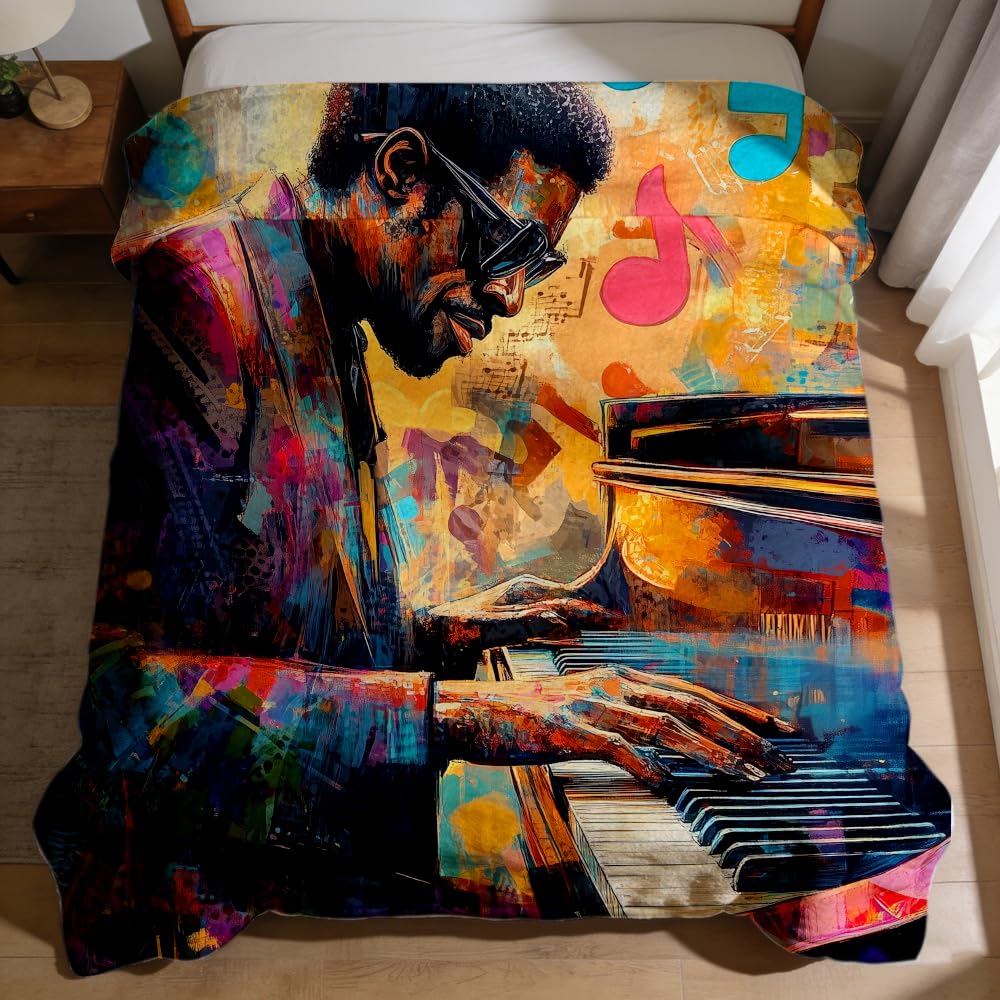 ZHOUSHUTONG African American Music Throw Blanket Black Music Print Super Soft Warm Cozy Flannel Blanket for Couch Bedroom Office Home Decor Gift for Music Lovers 49"x59"