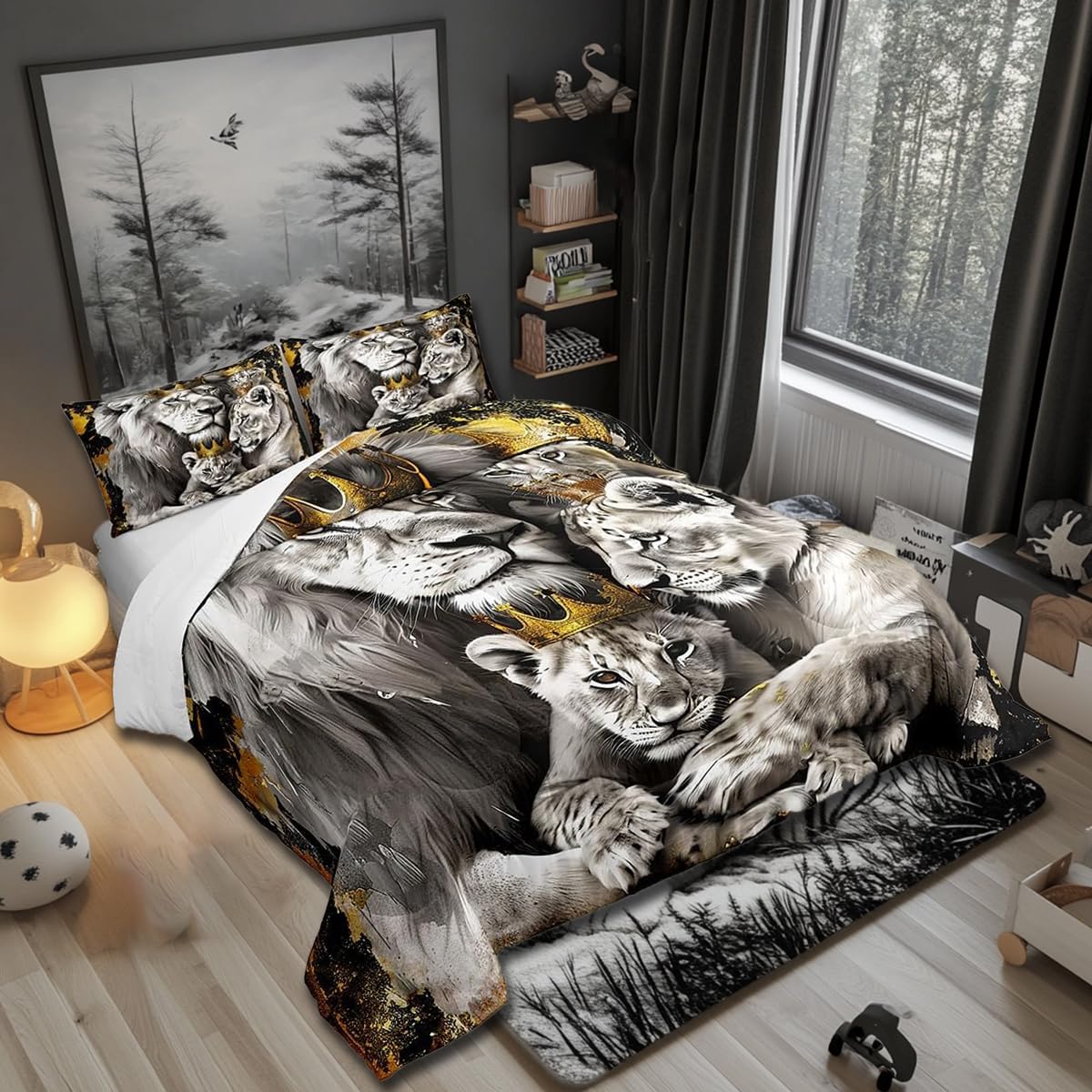 Manfei Lion Family Kids Comforter Set Twin Size,Gold King and Queen Crown Bedding Set,Boys Men Room Decor,Tropical Wild African Animal Hunting Adventure Down Comforter,Grey Duvet Insert,1 Pillowcase