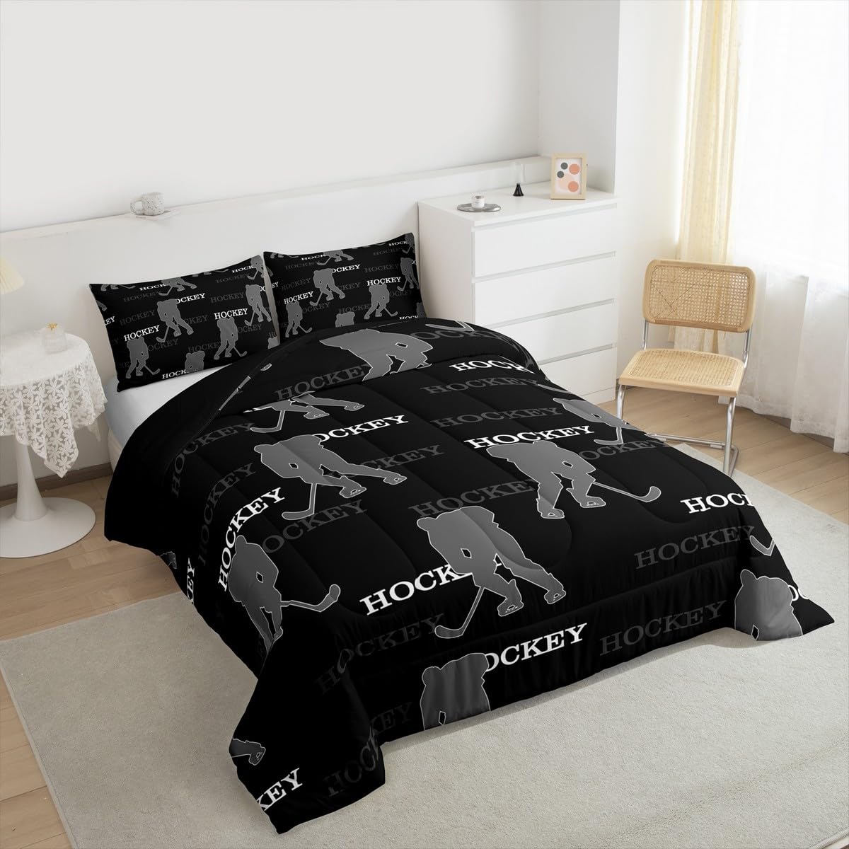 Ice Hockey Kids Bedding Set Queen Size, Comforter Set,Winter Sports Modern Quilt Comforter,Black Gray Bedroom Duvet Insert,2 Pillowcases