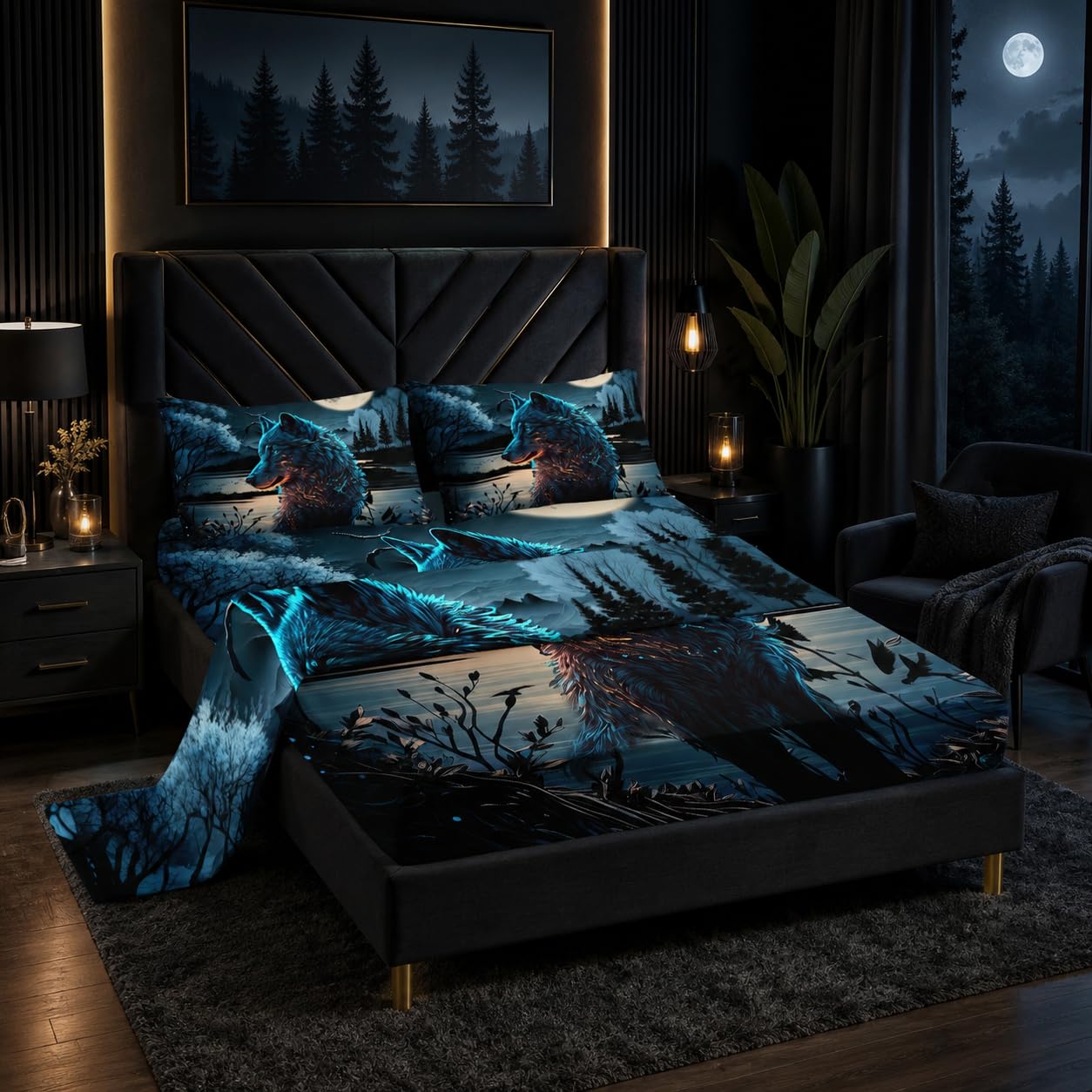 Nttopship Moon Wolf 4 Pieces Bed Sheet Sets Full Size Moon and Cartoon Wolves Bedding Sets with 16" Deep Pockets Wild Animal Printed Bedroom Decor,Bedding Set 4 PCS(1 Fitted+1 Flat+2 Pillowcases)