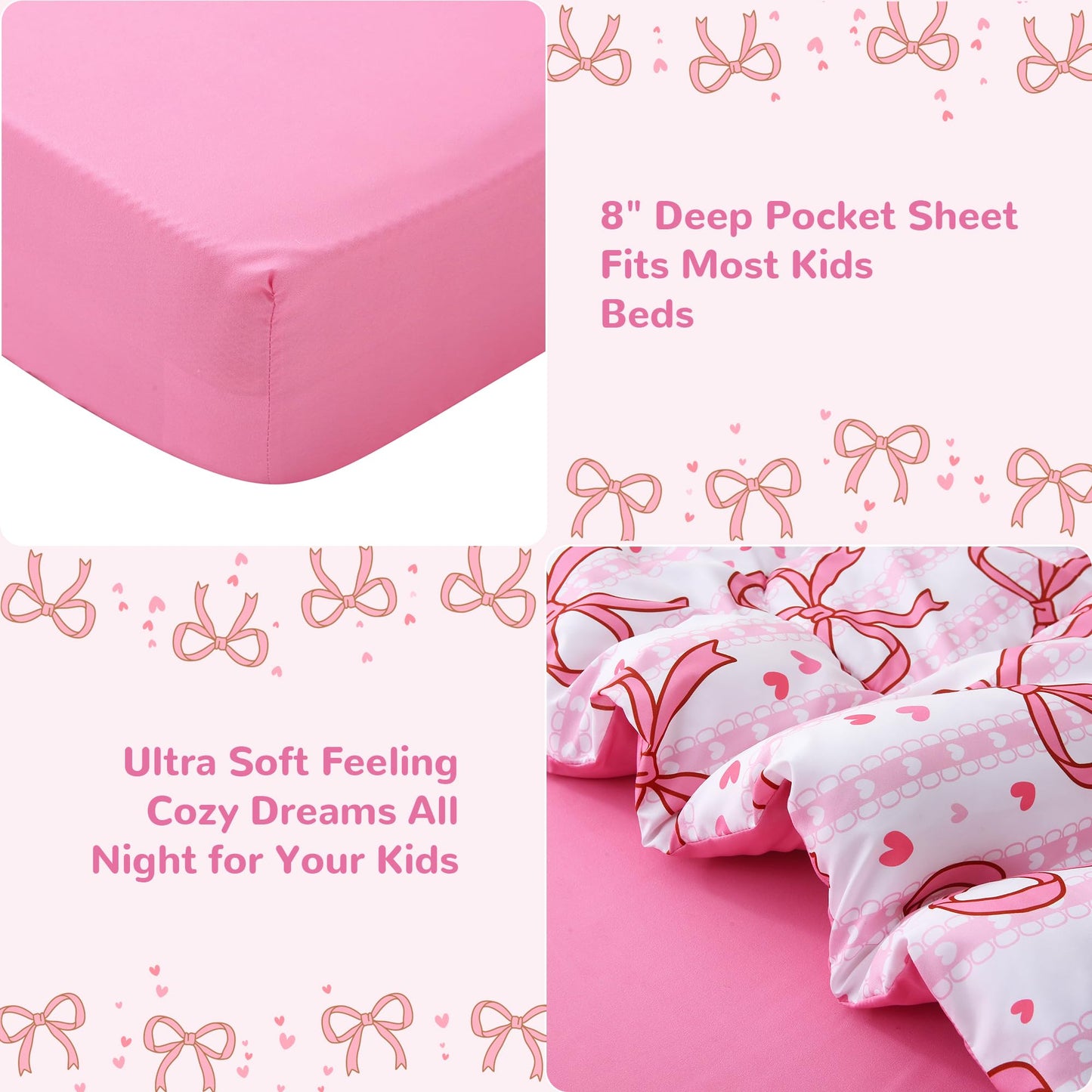Viviland Pink Bow Toddler Comforter Sets, Cute Girls Toddler Bedding Set, Soft Microfiber Pink Toddler Bed Set