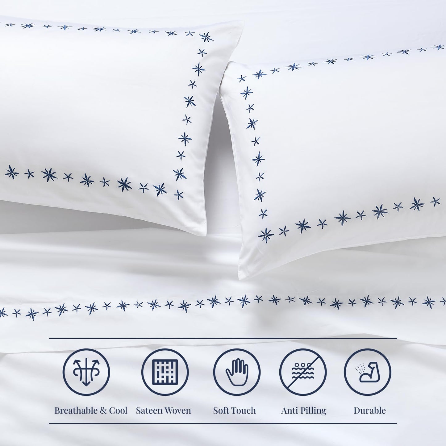 PANDATEX Luxurious 100% Cotton White Embroidered Sheets - 80s Ultra Soft Yarn, High End Hotel Quality Sateen Bedding for King Size Bed with 16'' Deep Pocket, Blue Daisy Design