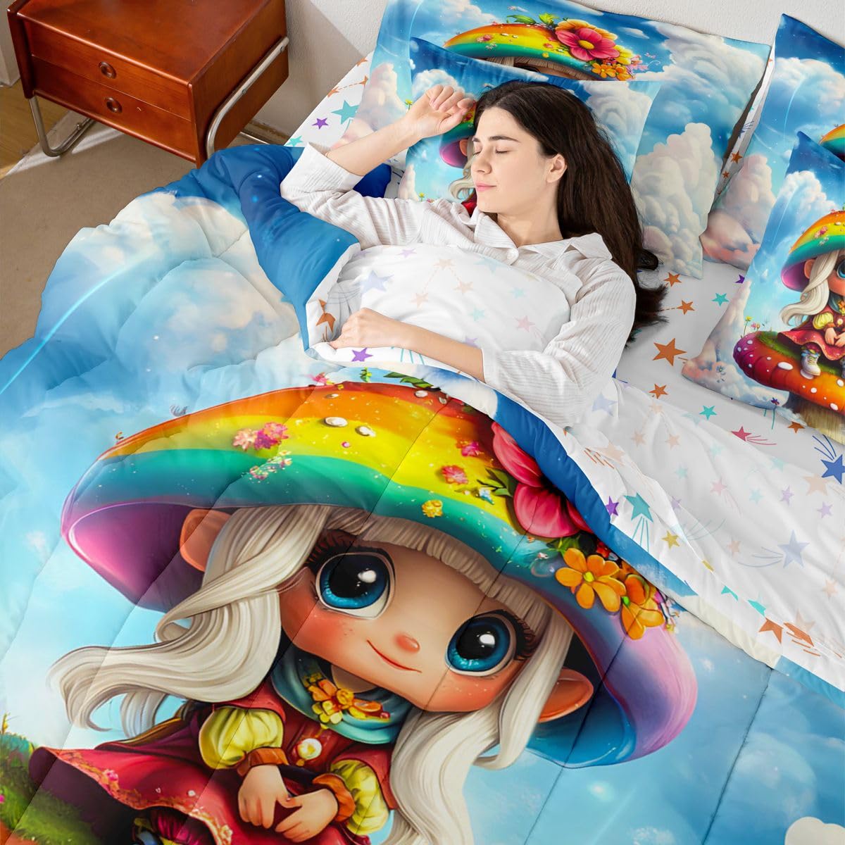 Feelyou Cute Mushroom Decor Comforter Set with Sheets 7 Piece Twin Size Cartoon Mushrooms Bed in a Bag Kids Boys Girls Kawaii Fungus Bedding Set Rainbow Bedroom Decor Breathable Soft Lightweight