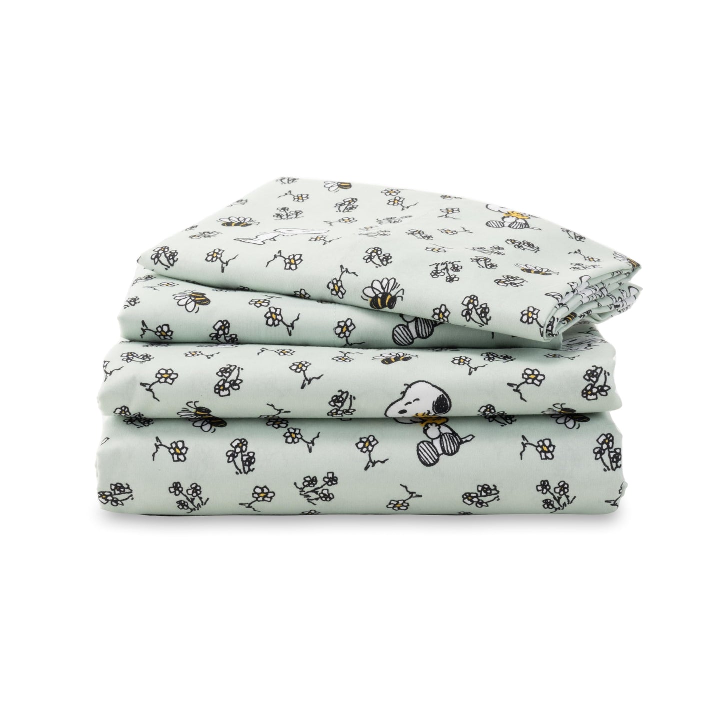 Berkshire Blanket Peanuts® Kids Sheet Set Full Size - 4 Pieces,Cute Character Snoopy Printed Soft Microfiber Bed Sheets,Mini Snoopy & Woodstock New Flower and Bees Sage