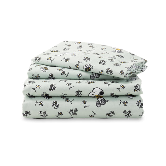 Berkshire Blanket Peanuts® Kids Sheet Set Full Size - 4 Pieces,Cute Character Snoopy Printed Soft Microfiber Bed Sheets,Mini Snoopy & Woodstock New Flower and Bees Sage