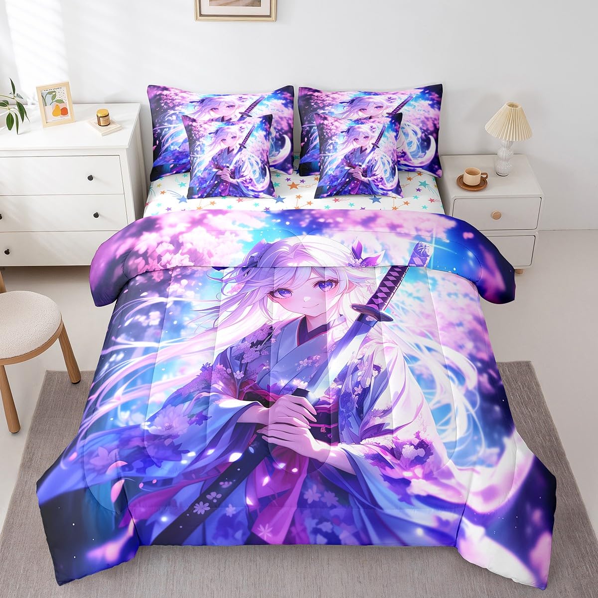 Erosebridal 7 Piece Anime Girl King Comforter Sets for Kids, Kawaii Japanese Anime Bedding Set Cartoon Girl Bed in A Bag Sci Fi Style Japanese Animation Sheet Set for Kids Girls Teens Bedroom