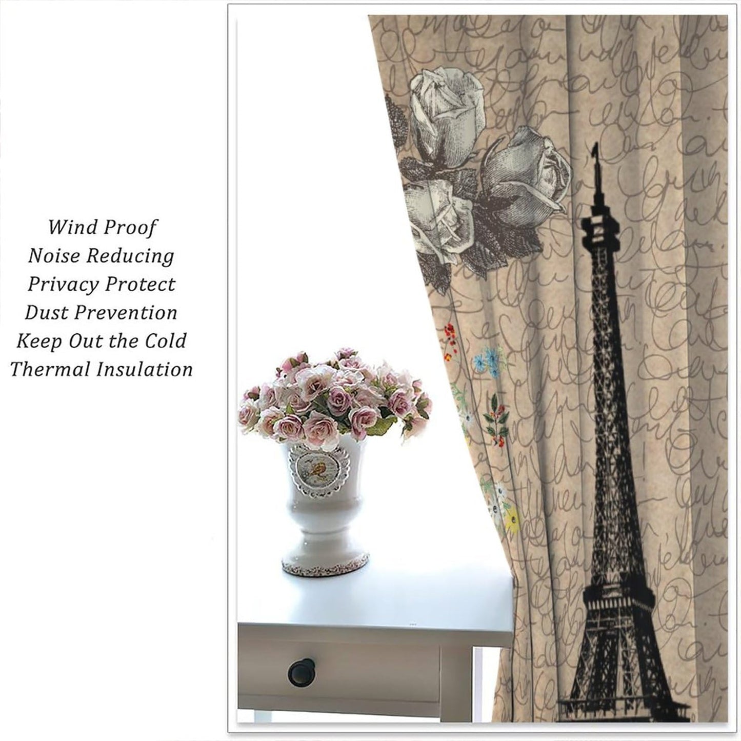Vintage Paris Eiffel Tower Curtains - Rustic Romantic Rose French Paris Tower Old Bicycle Floral Window Curtain Room Darkening Blackout Thermal Insulated Rod Pocket Curtains 2 Panels 45"L x 21"W