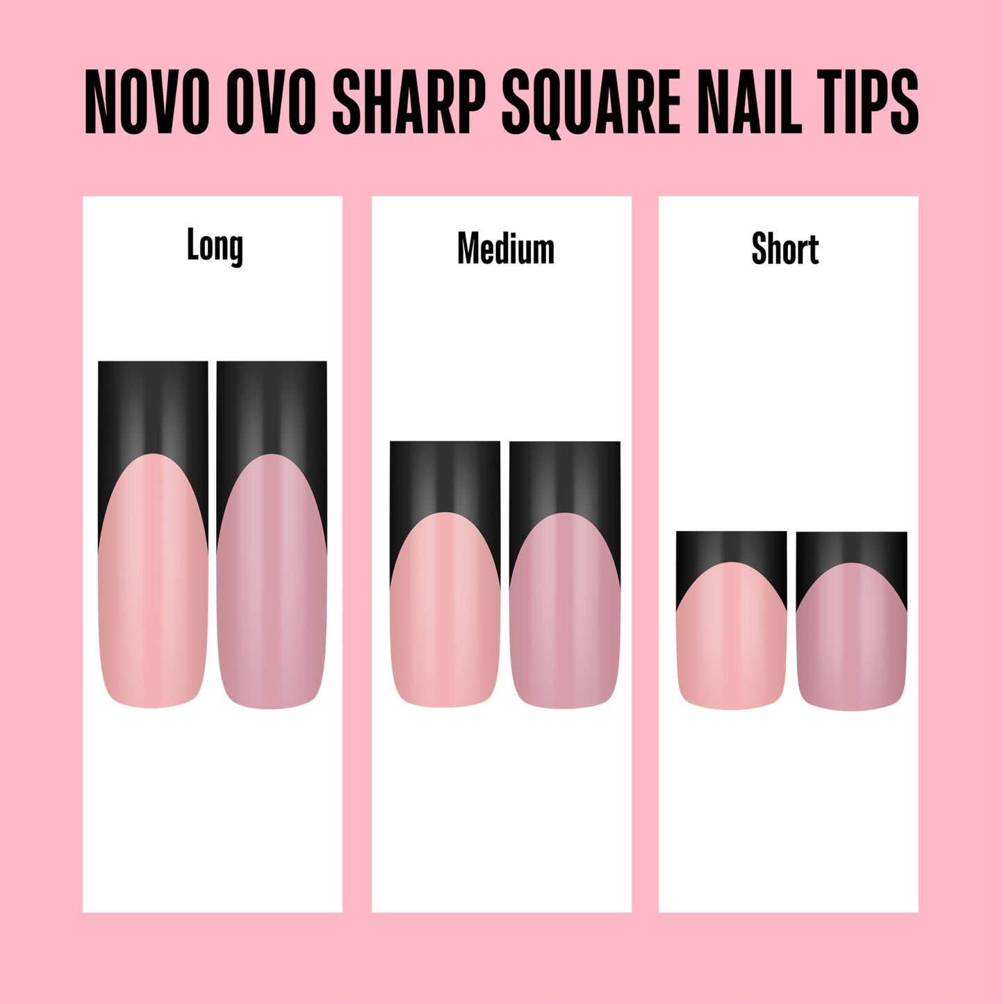NOVO OVO Soft Gel Nail Tips Long Square - Black French Tip on Baby Pink Base, 180Pcs Full Cover False Nails for Gel X Extension, Sharp Shape Pre-Designed Press on Nails for DIY Home Salon (15 Sizes)