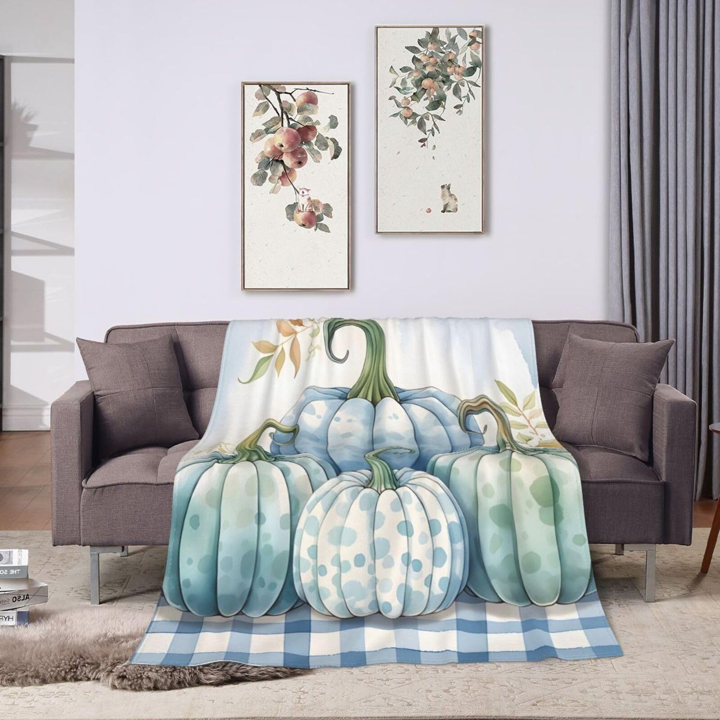 Blue Pumpkins White Gingham Throw Blanket for Couch Soft Blanket for Bed Bed Sofa Decor for Living Room Bedroom 60"X50"