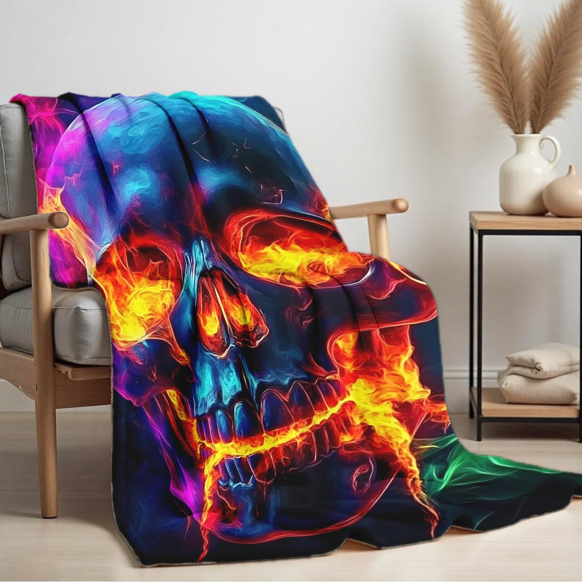 HUNXIAOJ Skull Blanket Throw Skeleton Flannel Blanket Gothic Print Throw Gifts for Kids Girls Boys Adults Women Men Halloween Decor Queen Size Bed Couch (49"x59")