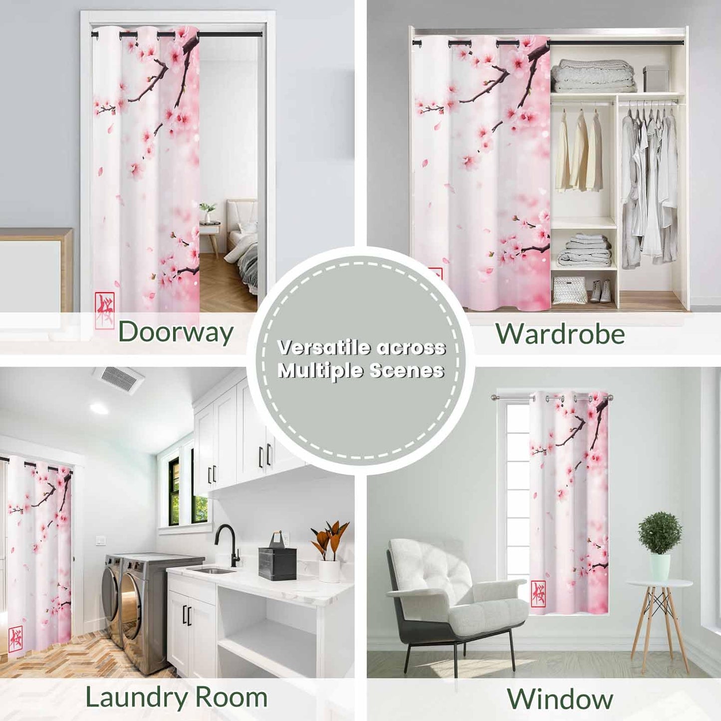 Haciadan Pink Floral Sliding Door Curtain Japan Cherry Branch Blooming Flowers Doorway Curtain 1 Panel 34" W X 80" L Door Drape for Kitchen Restaurant