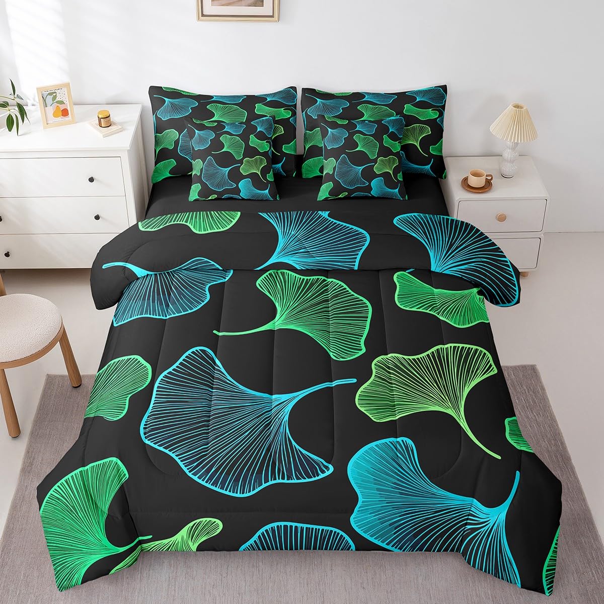 Erosebridal Ginkgo Leaves Comforter Set 7 Piece Bed in a Bag Twin,Teal Green Ginkgo Biloba Leaf Bedding Sets Botanical Sheet Set with Comforter,Jungle Plant Ginkgo Folium Bed Set