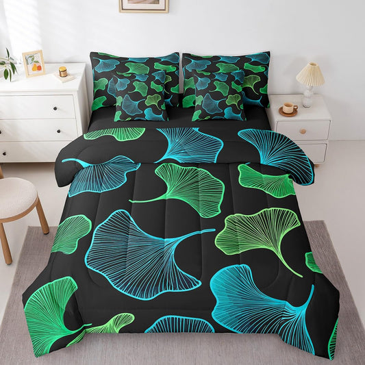 Erosebridal Ginkgo Leaves Comforter Set 7 Piece Bed in a Bag Twin,Teal Green Ginkgo Biloba Leaf Bedding Sets Botanical Sheet Set with Comforter,Jungle Plant Ginkgo Folium Bed Set
