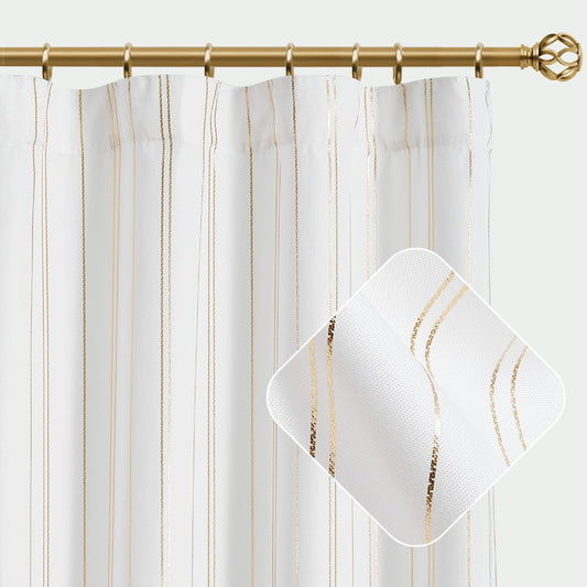 jinchan White Christmas Curtains Gold Foil Striped Curtains 96 Inch Length Living Room Bedroom Window Treatment Xmas Decor Modern Linen Look Ticking Stripe Pinstripe Privacy Light Filtering 2 Panels