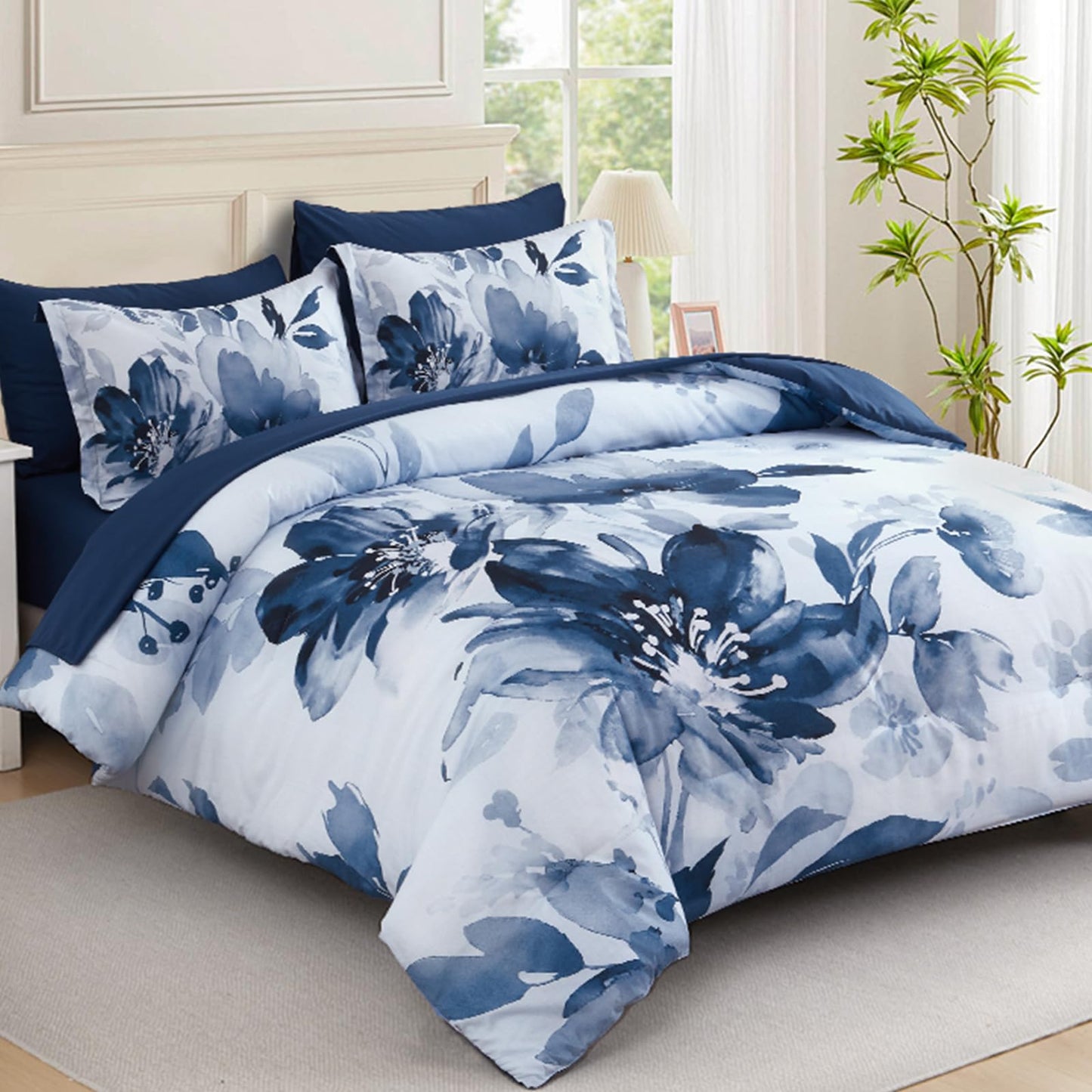 Luxudecor Floral Comforter Set Queen Size, 7 Piece Blue Flower Set Bed in a Bag,Soft Microfiber Farmhouse Shabby Chic Bedding Set for All Seasons(90"x90")