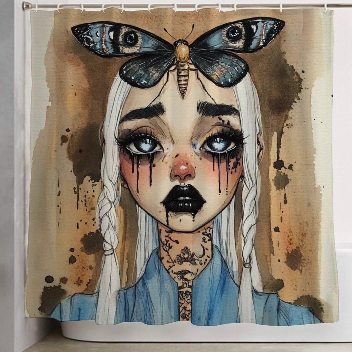 100% BLUE COLLAR Fashion Curtain Bathroom Decorative, Goth Gotik Gothic Women Girl Eyelash 72" x 70" Shower Curtain with Hooks