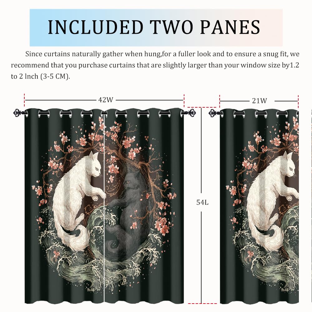 XSUPFLYM Beautiful Japanese Yin Yang Cat Privacy Perforated Curtains Retro Anime Cherry Blossom Floral Ocean Waves Animals Curtains Top Grommets Window Treatment 2 Panels.Each 21" W x 54" L