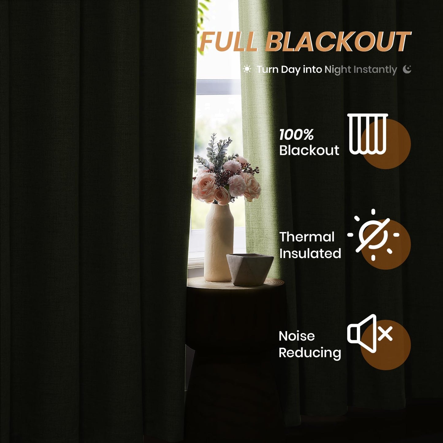 Melodieux Sage Green 100% Blackout Linen Curtains 84 Inch Length 2 Panels Set, Living Room Darkening Thermal Insulated Grommet Curtains, Bedroom Natural Farmhouse Burlap Textured Drapes, 42x84 inch