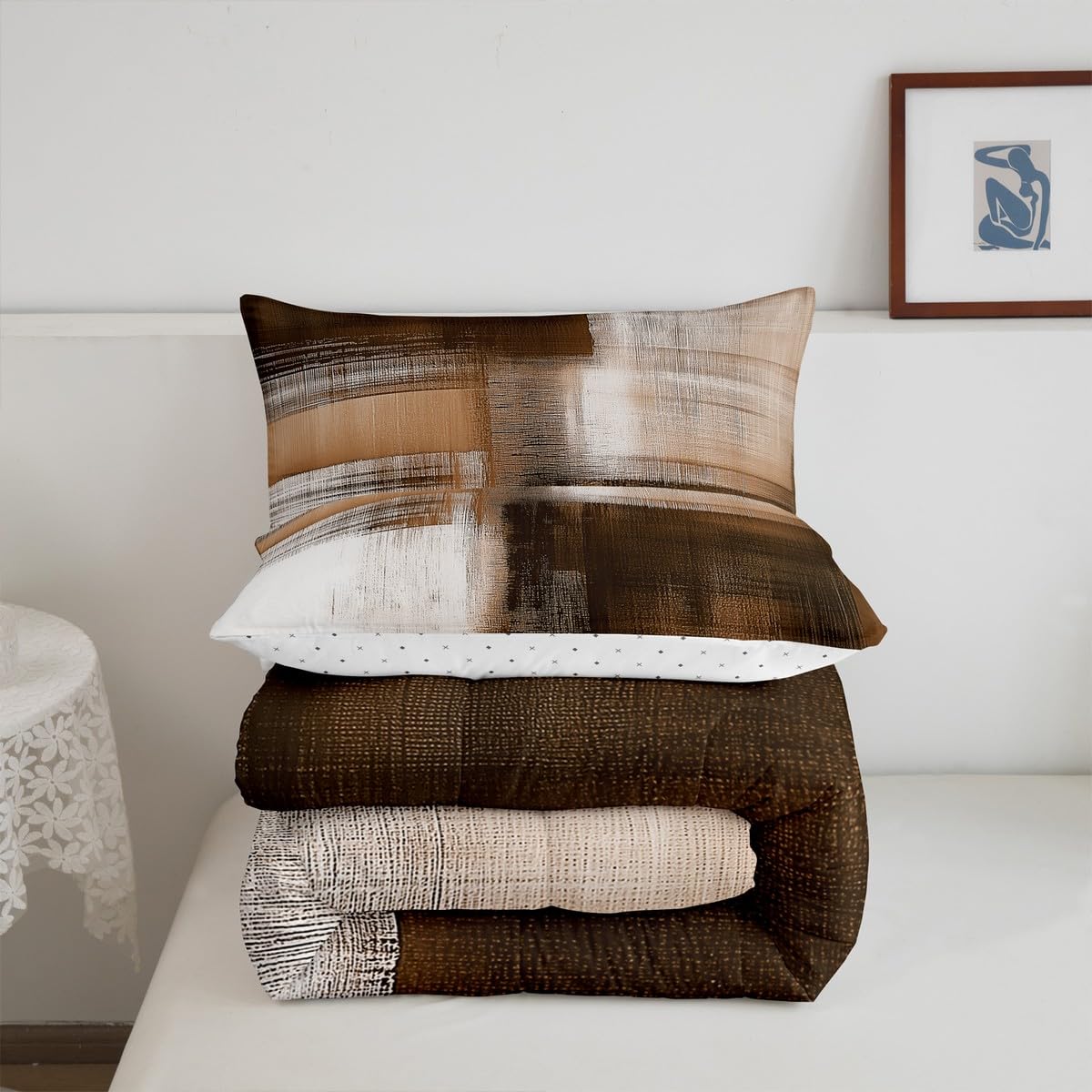 Feelyou Brown Abstract Art Comforter Set for Kids Boys Girls Modern Art Bedding Set Queen Size Abstract Oil Painting Duvet Quilt Geometric Bedroom Decor Breathable Soft Lightweight Microfiber 3Pcs