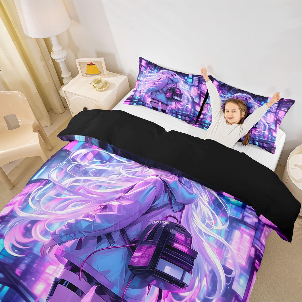 Erosebridal Japanese Girl Bedding Set Girly Anime Twin Down Comforter for Kids,Sci Fi Style Gaming Comforter Set Room Decor 2 Pcs,3D Cartoon Anime Girl Duvet Insert 1 Pillow Case