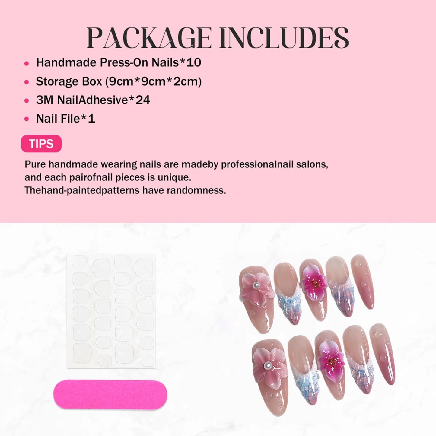 3D Floral Handmade Press on Nails Long Almond Press-On Nails Pink French Tip Fake Nails with Pearl Flower Design Reusable Acrylic Nails Press Ons Sparkly False Nails for Women Manicure (Size M)
