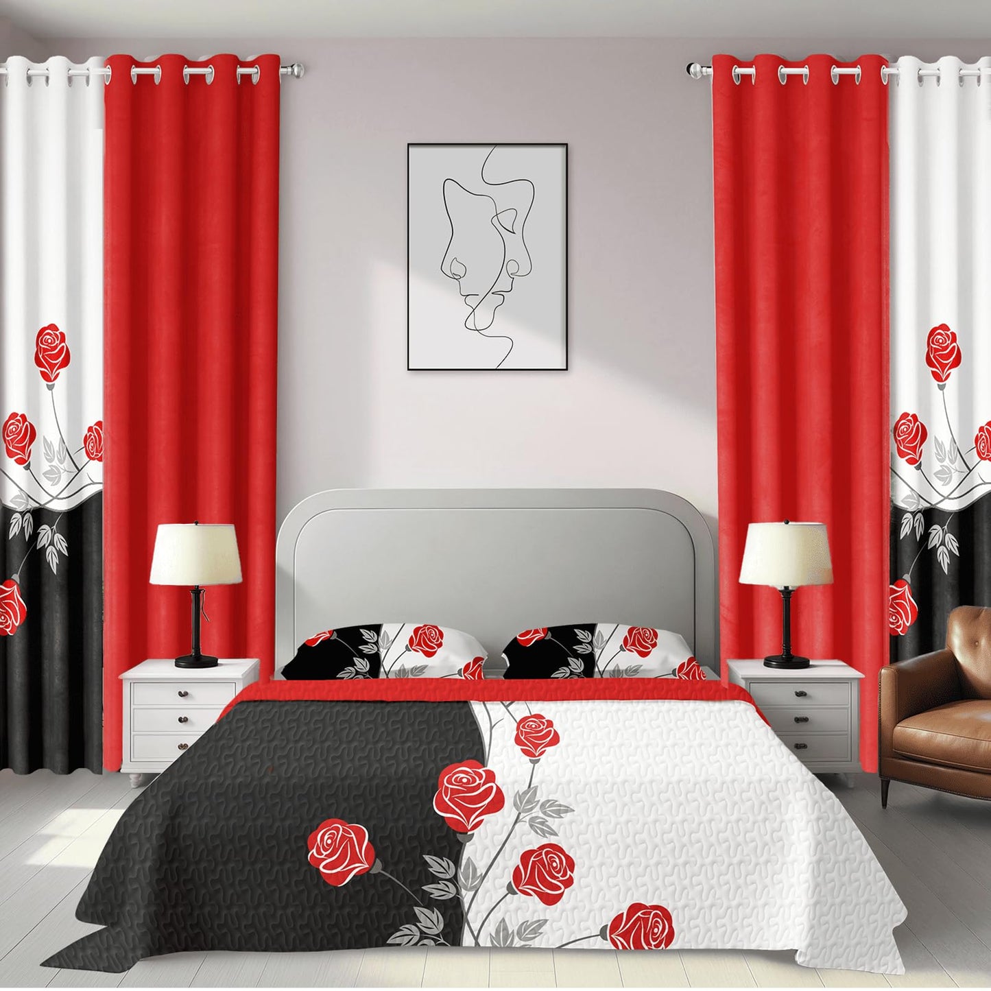 CozyCreatures Vintage Boho Red Rose King Light Comforter Set, 9-Piece Bed in a Bag with Curtains, Brushed Microfiber Bedspread Set with Matching Curtains for Master Bedroom, Machine Washable