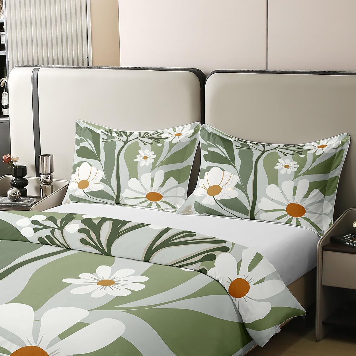 Erosebridal Abstract Boho Floral Full Bedding Set, Retro Green Sage 100% Cotton Duvet Cover, Modern Geometric Botanical Bedclothes for Adults Kids Teens Men, Boho Mid Century Comforter Cover