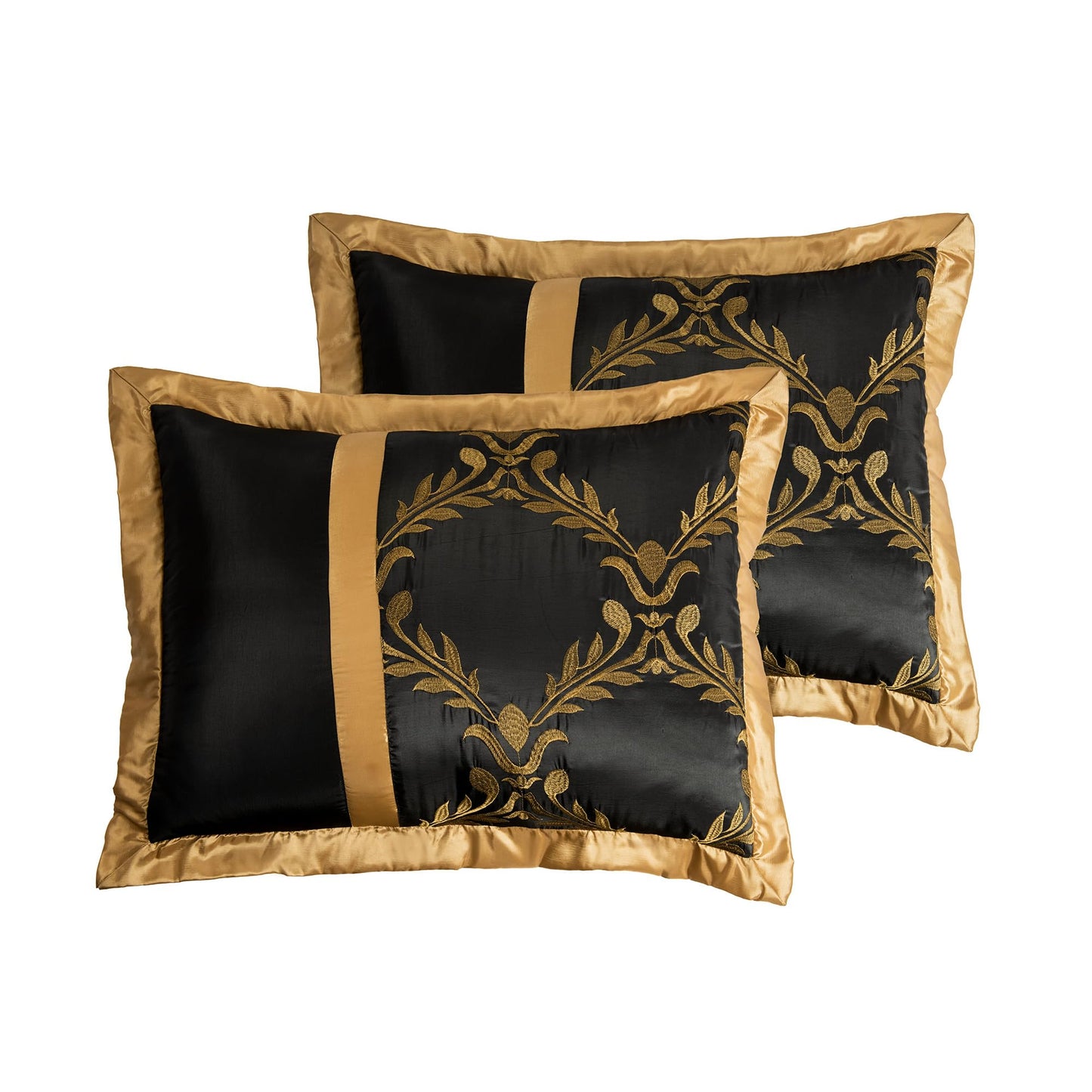 HIG 7 Piece Bed in A Bag Comforter Set Queen - Black and Gold Faux Silk Fabric Embroidered - Breathable and Wrinkle Resistant -1 Comforter, 2 Shams, 3 Decorative Pillows, 1 Bedskirt