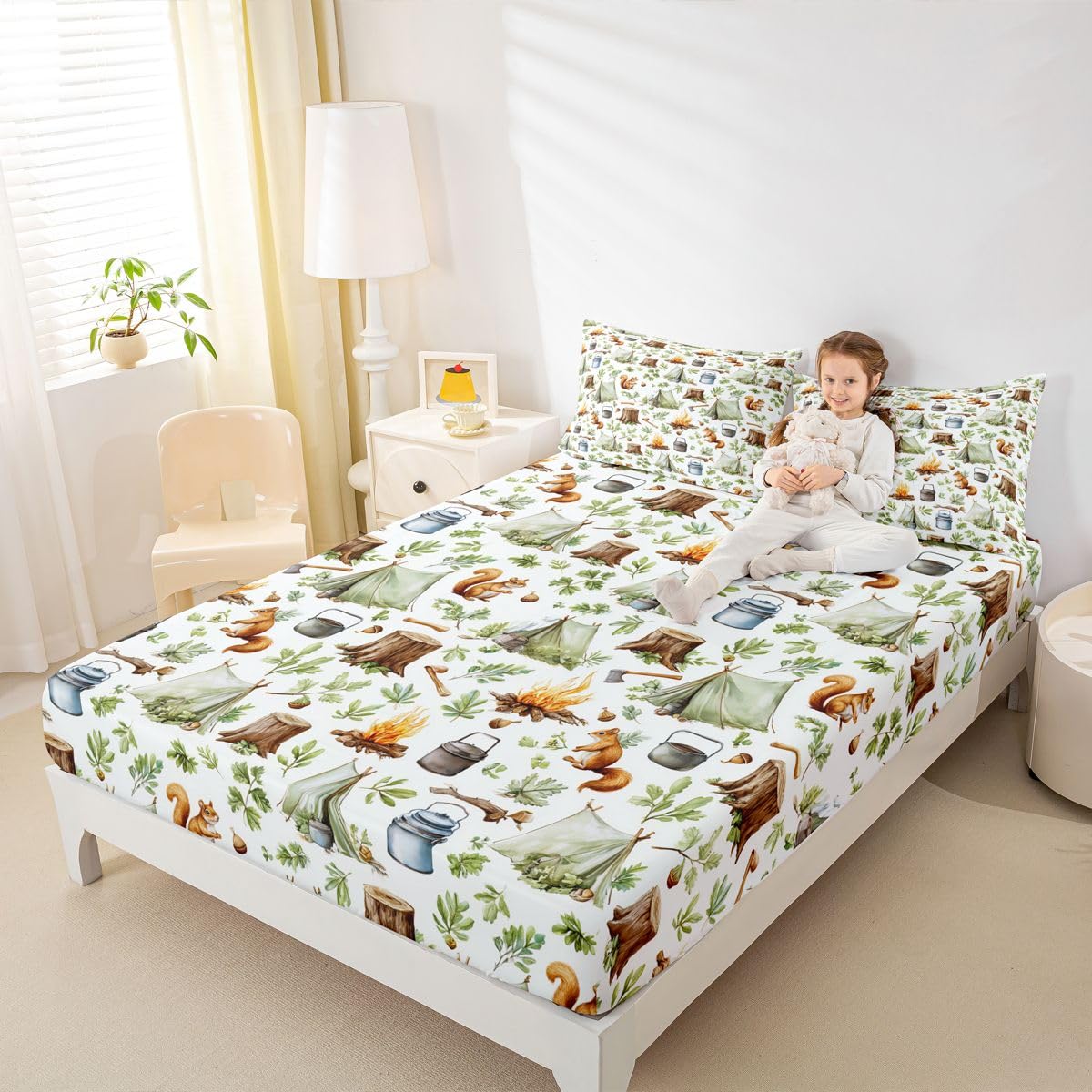 Cartoon Camping Fitted Sheets Full Size (No Flat),Campsite Tent Bonfire Bedding Set 3Pcs,Kids Teens Woman Room Decor,Squirrel and Pine Tree Bed Sheet Rustic Brown Green Deep Pocket Sheet,2 Pillowcases