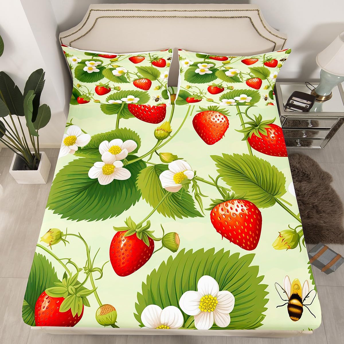 Feelyou Strawberry with Floral Bedding Fitted Sheet Fruit Bed Sheet Set for Kids Girls Botanical Flora Leaves Bedding Sheets Soft Bed Cover 1 Bed Sheet Set with 2 Pillowcases Full Size