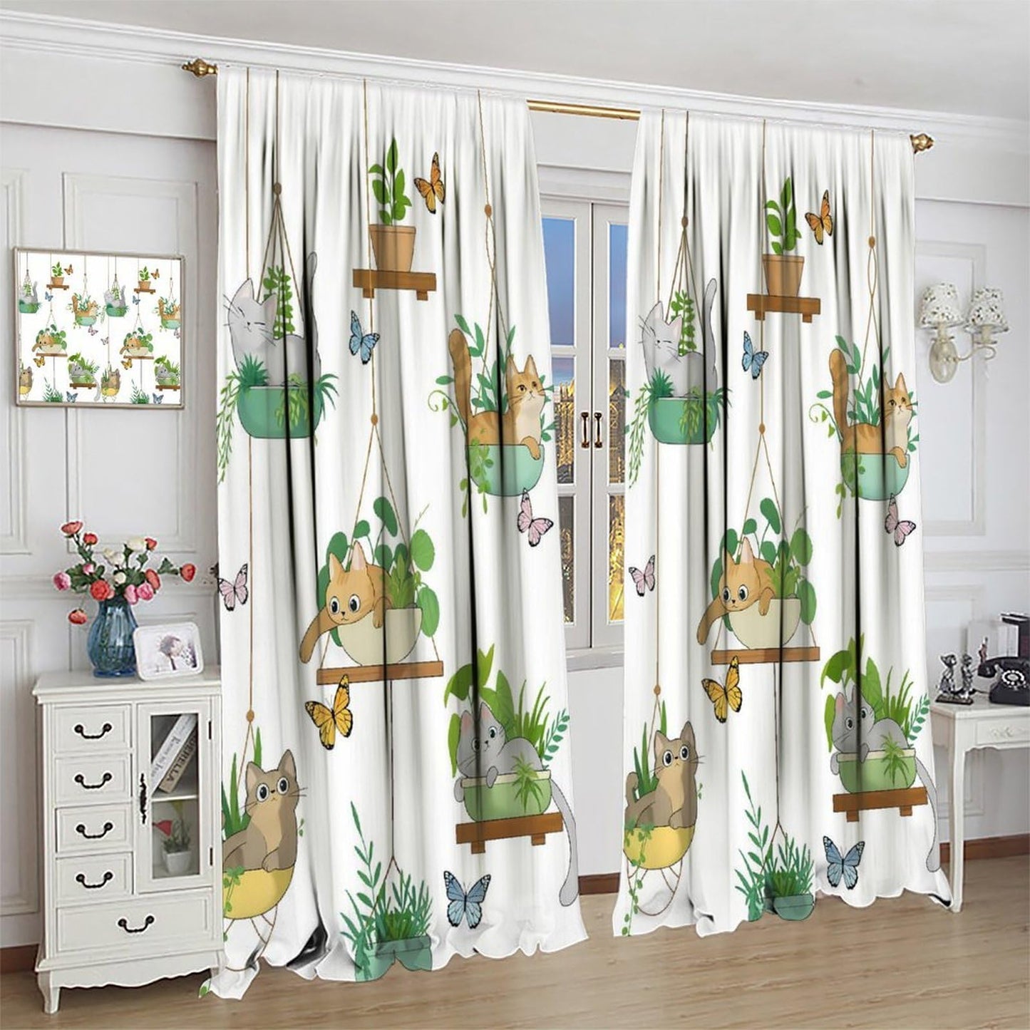 Cat Curtains, Rustic Farmhouse Hanging Potted Plants Print Home Decor Drapes for Bedroom Living Room Kitchen Window Treatment 2 Panels Set Total Size 42" W X 45" L Inch