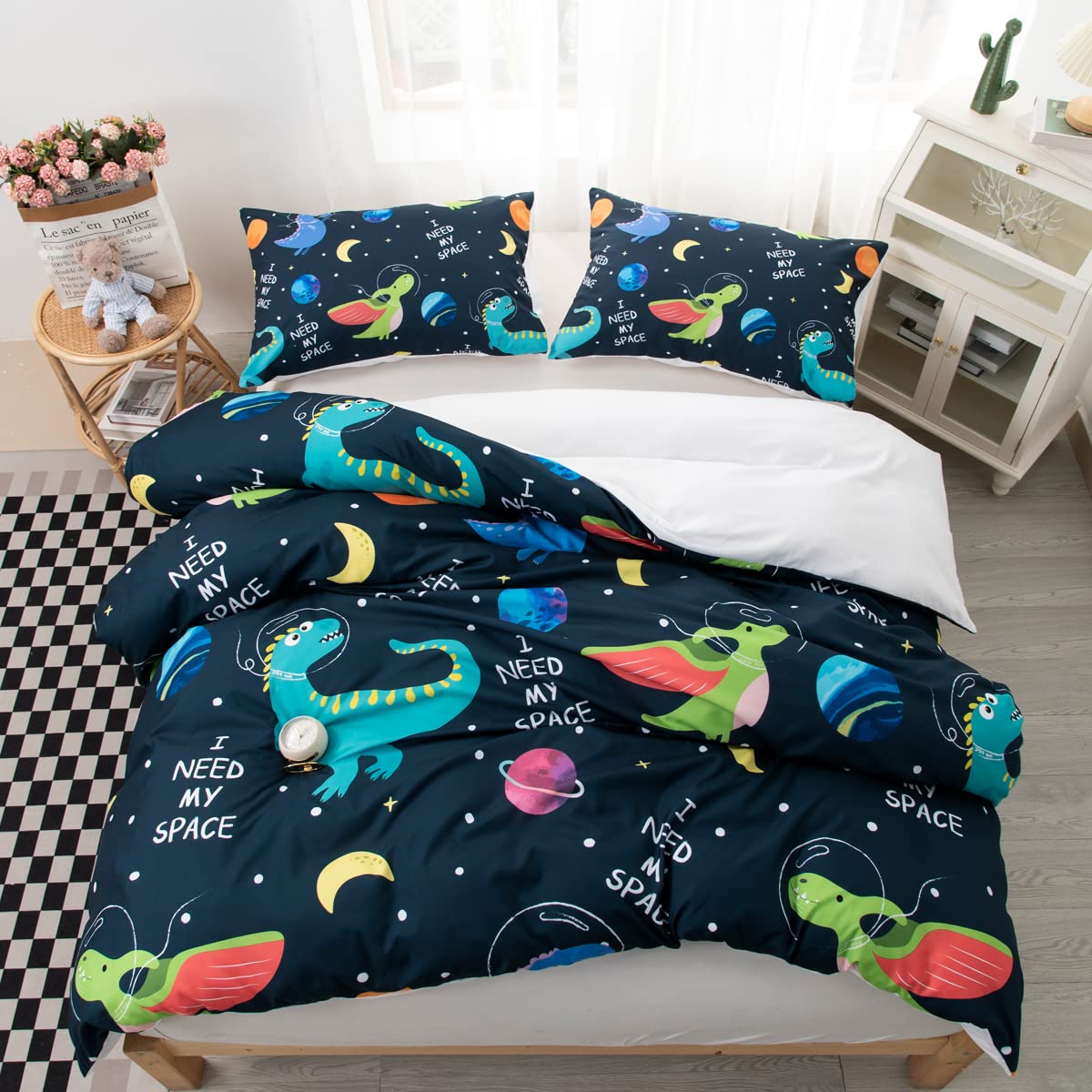 CVHOUSE Dinosaur Bedding Queen Size,Space Dinosaur Bedding Set for Boys Kids Teens,Nave Blue Comforter Set Cover Soft,1 Duvet Cover 2 Pillowcases 3 Piece,Boy's Bedroom Decor