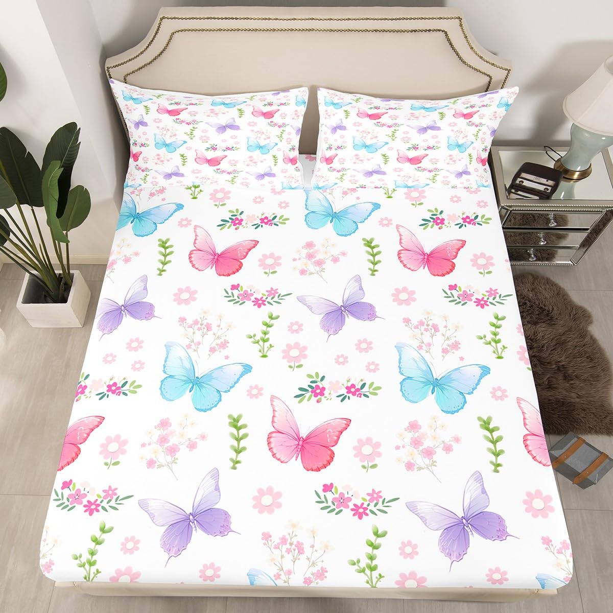 Feelyou Pink Butterfly Fitted Sheet with 1 Pillowcase Twin Size Garden Bed Sheets Set 16" Deep Pocket Boys Girls Purple Blue Butterflies Print Bedding Kawaii Pink Floral Teens Bedroom Decor