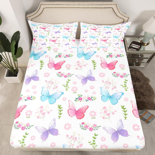 Feelyou Pink Butterfly Fitted Sheet with 1 Pillowcase Twin Size Garden Bed Sheets Set 16" Deep Pocket Boys Girls Purple Blue Butterflies Print Bedding Kawaii Pink Floral Teens Bedroom Decor