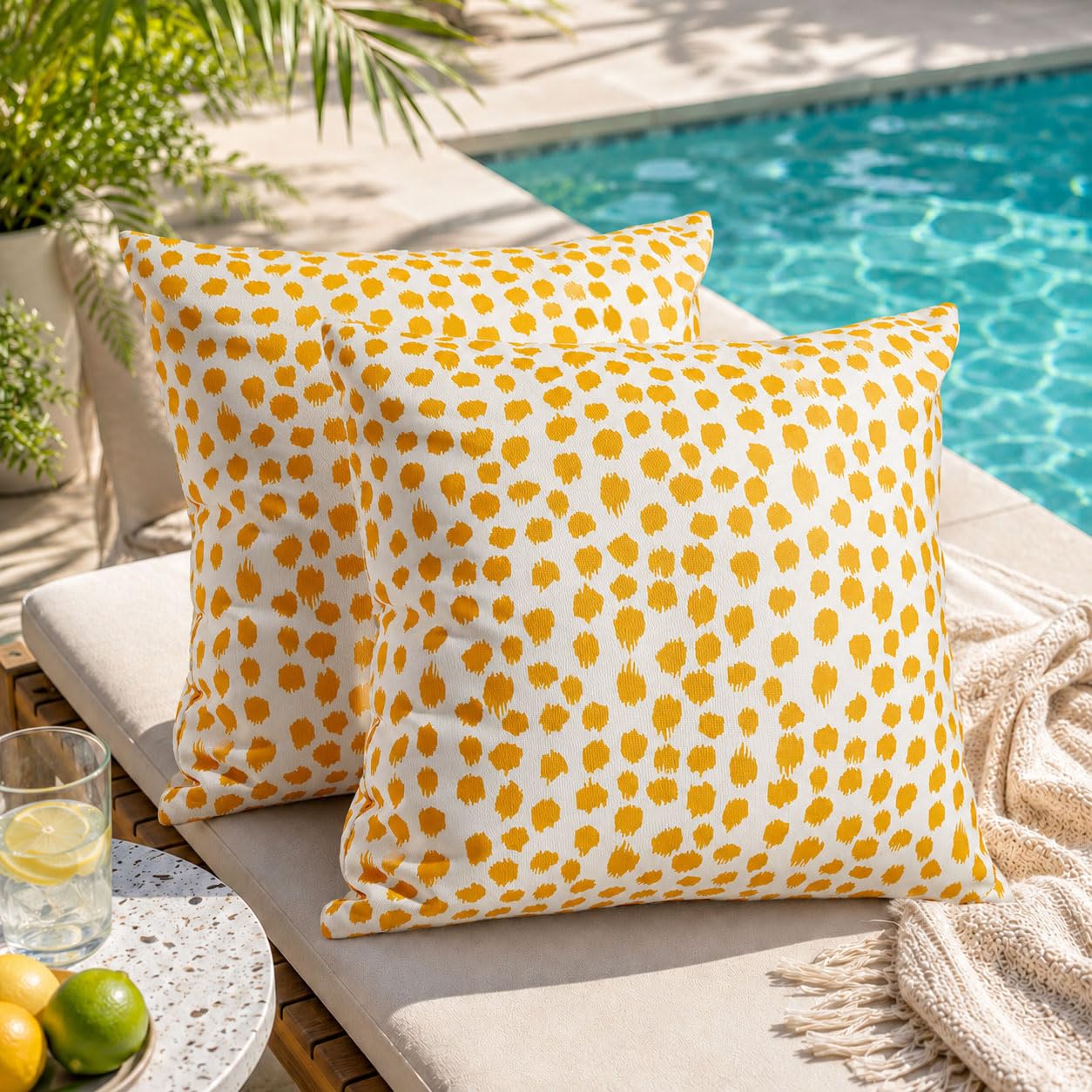 Allorry Outdoor Pillow Covers 18x18 Set of 2 Boho Design Yellow Polka Dot Decorations Pillows Summer Outdoor Waterproof Patio Furniture Garden Porch Sofa Bed Cushion Covers Home Decor JB001-A18