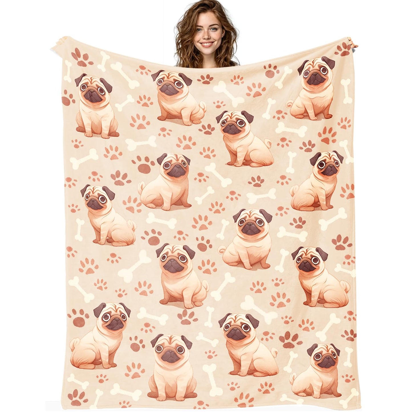 Pug Blanket Pug Dog Decor Cozy Animal Throw Super Soft Plush Flannel Fleece Blanket Gift for Kids Adults Men Women Ultra Warm & Lightweight Flannel, 50"X40"
