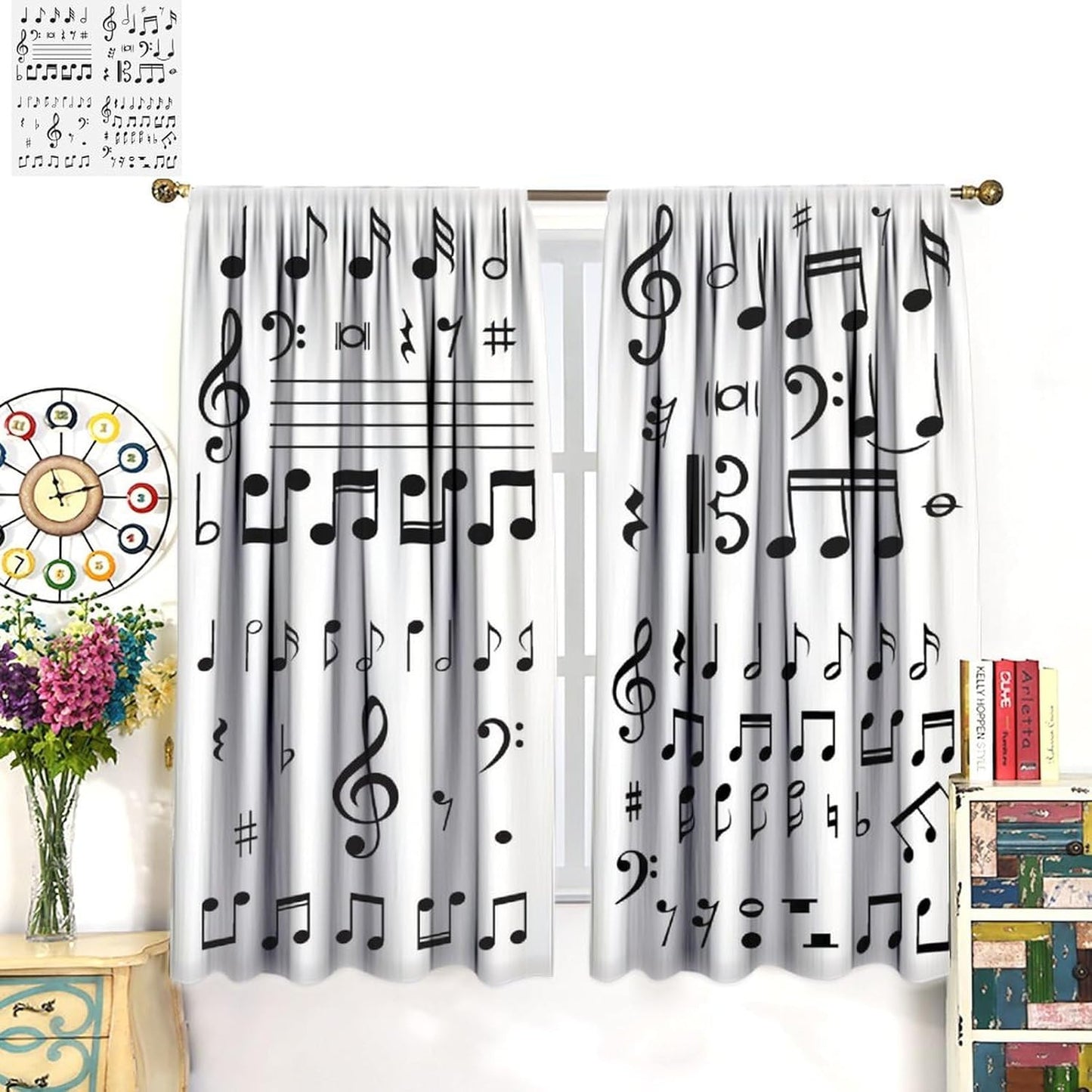 HZOHNAGO Music Curtain Black and White Musical Notes Blackout Print Rod Pocket Window Drapes for Bedroom Living Room 42x45in