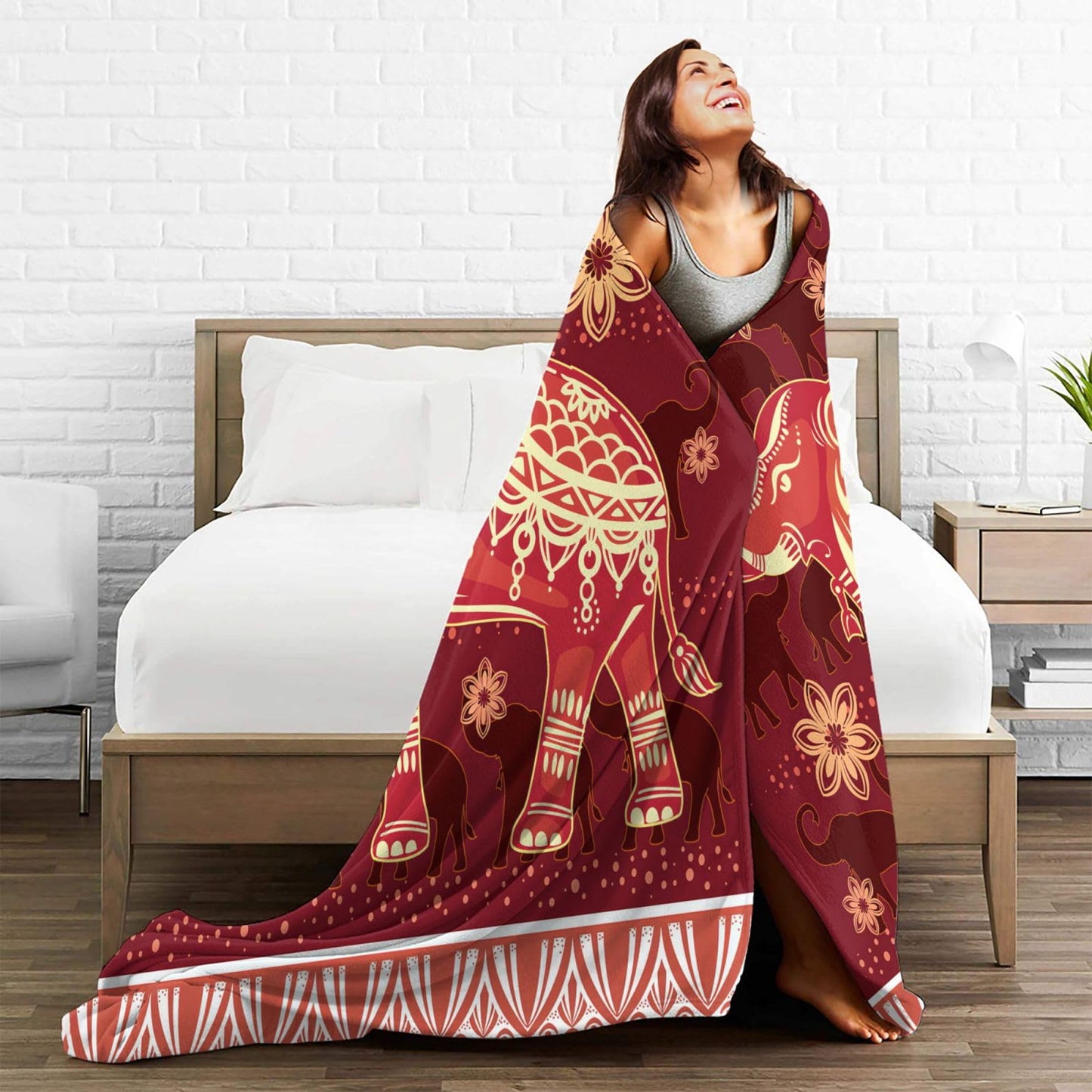 SweetFox Elephant Blanket Red Boho Elephant Decor Throw Blanket Gifts for Girls Boys Super Warm Soft Plush Lightweight Fleece Flannel Winter Couch Bedding Blankets for Kids Adults Women Men 50"X40"