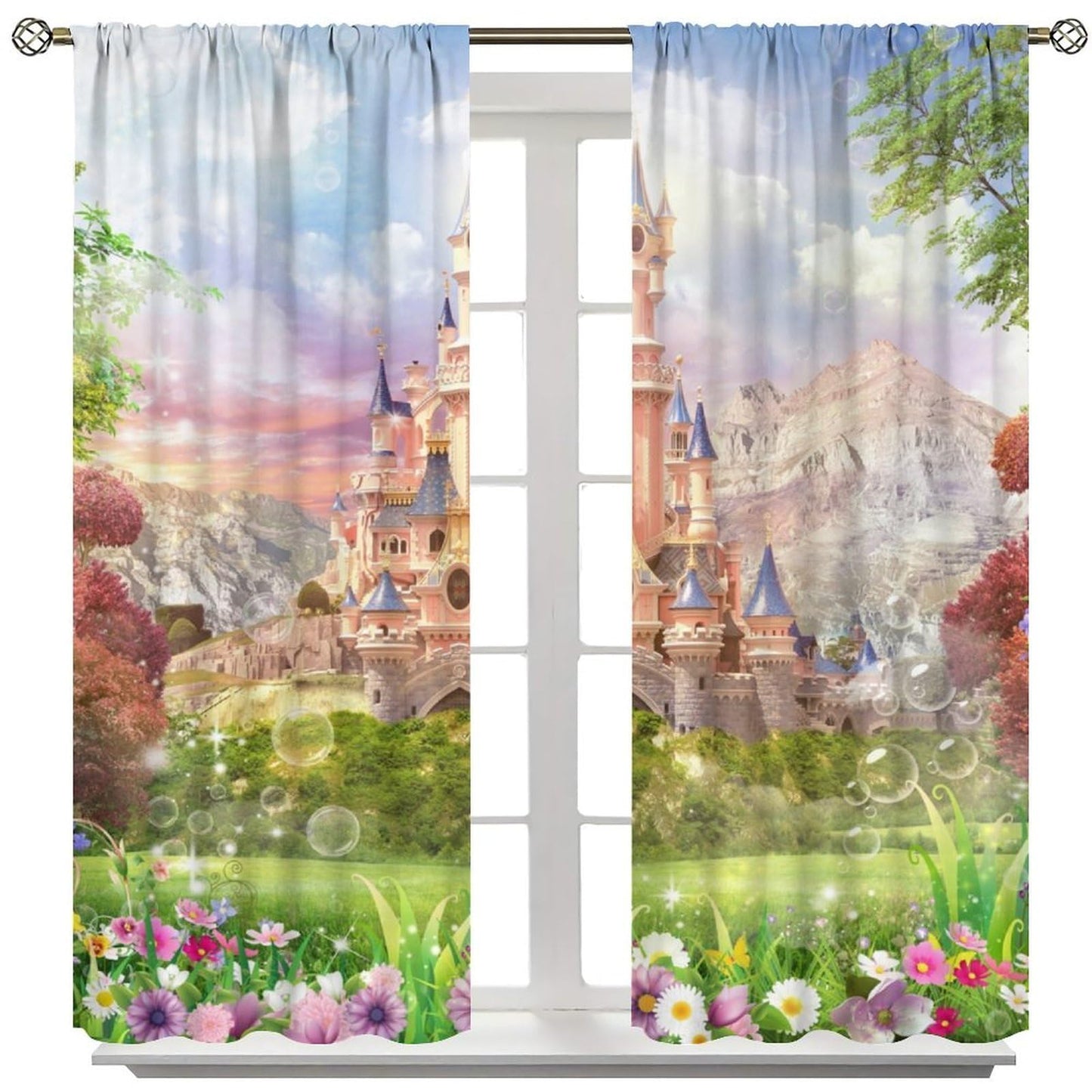 Pink Castle Curtains For Children Romantic Fairy Tale World One Garden Floral Castle Pattern Rod Pocket Window Drapes For Kids Girls Boys Bedroom Living Room 2 Panels Set 41x 45 in （No Blackout）