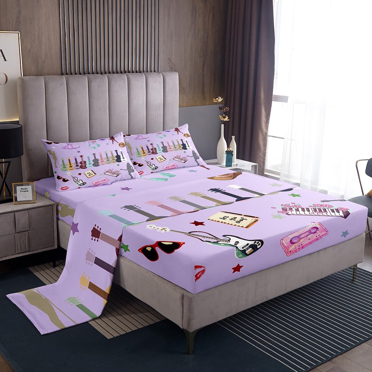 Erosebridal Music Fans Print King Bed Sheets Set Guitar Sheet Set Purple Sheets Modern Fashion Flat Fitted Sheet Gift for Singer Fans