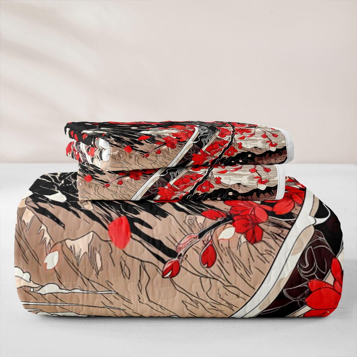 Erosebridal Japanese Style Quilts Twin Size - Red Japanese Cherry Blossoms Bedspread Coverlet Set, Mount Fuji Quilt Coverlets 2Pcs (Only 1 Pillowcase)