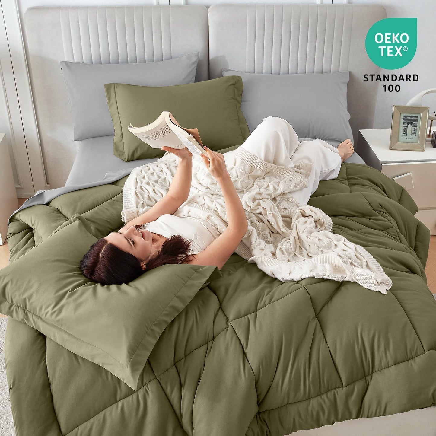 Sasttie Queen Comforter Set, 7 Pieces Bed in a Bag Queen, Complete Bedding Set Includes Comforter, Flat Sheet, Fitted Sheet, Pillowcases and Pillow Shams, Olive & Light Grey