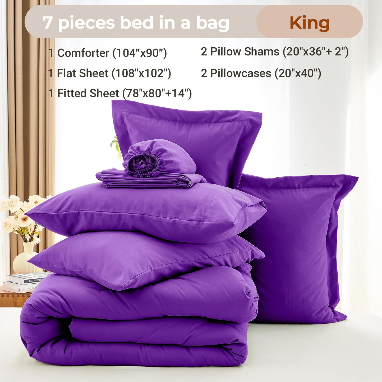 MUXHOMO 7 Pieces King Comforter Set, Soft Bed in a Bag King Size, All Season Bedding Set with Comforter, Flat Sheet, Fitted Sheet, Pillowcases & Shams, Purple
