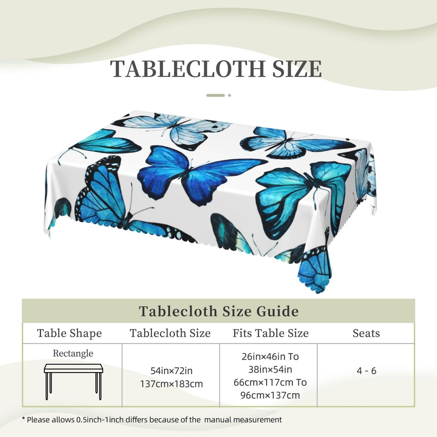 ZYPHORIEL Butterfly Blue Rectangle Tablecloths Beautiful Butterflies Table Cloths Decorative Kitchen Dining Tablecloth for Rectangular Tables,Washable Table Cover for Party 54 x 72 Inch