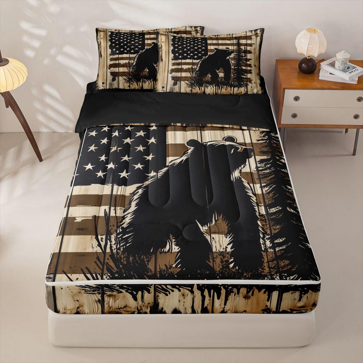 Feelyou Bear Zipper Bedding for Kids Wild Animal Twin Comforter Set with Fitted Sheet 2 Pillowcases American Flag Bed in a Bag Soft Lightweight Microfiber