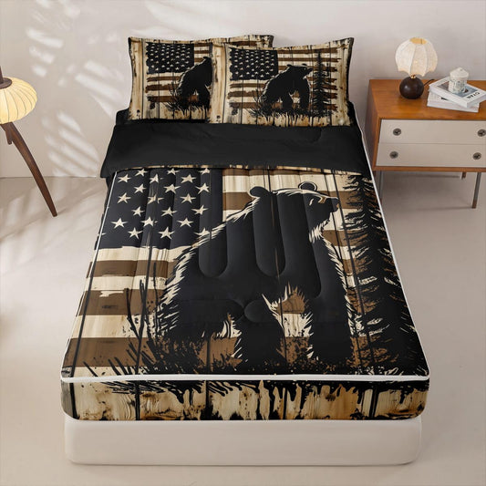 Feelyou Bear Zipper Bedding for Kids Wild Animal Twin Comforter Set with Fitted Sheet 2 Pillowcases American Flag Bed in a Bag Soft Lightweight Microfiber